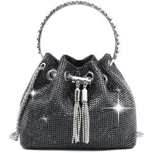 Women Silver Rhinestone Luxury Diamond Shining Chain Crossbody Bucket Bling Bag